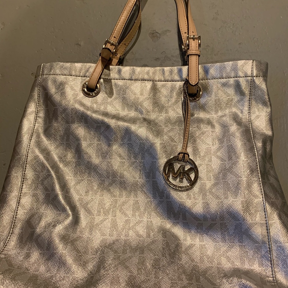 Michael Kors MK Logo Silver Tote Bag Purse